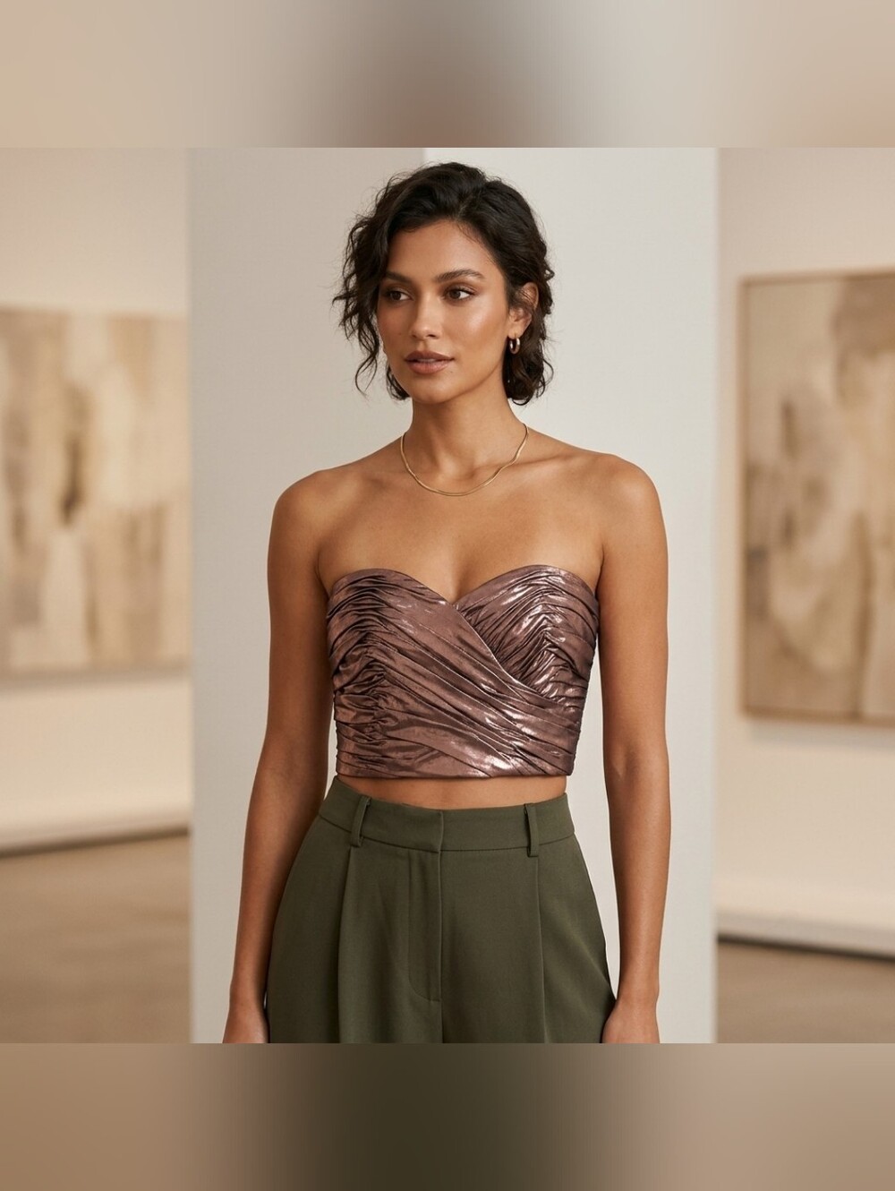Lida Baday Metallic Bronze Twist Ruched Tube Top